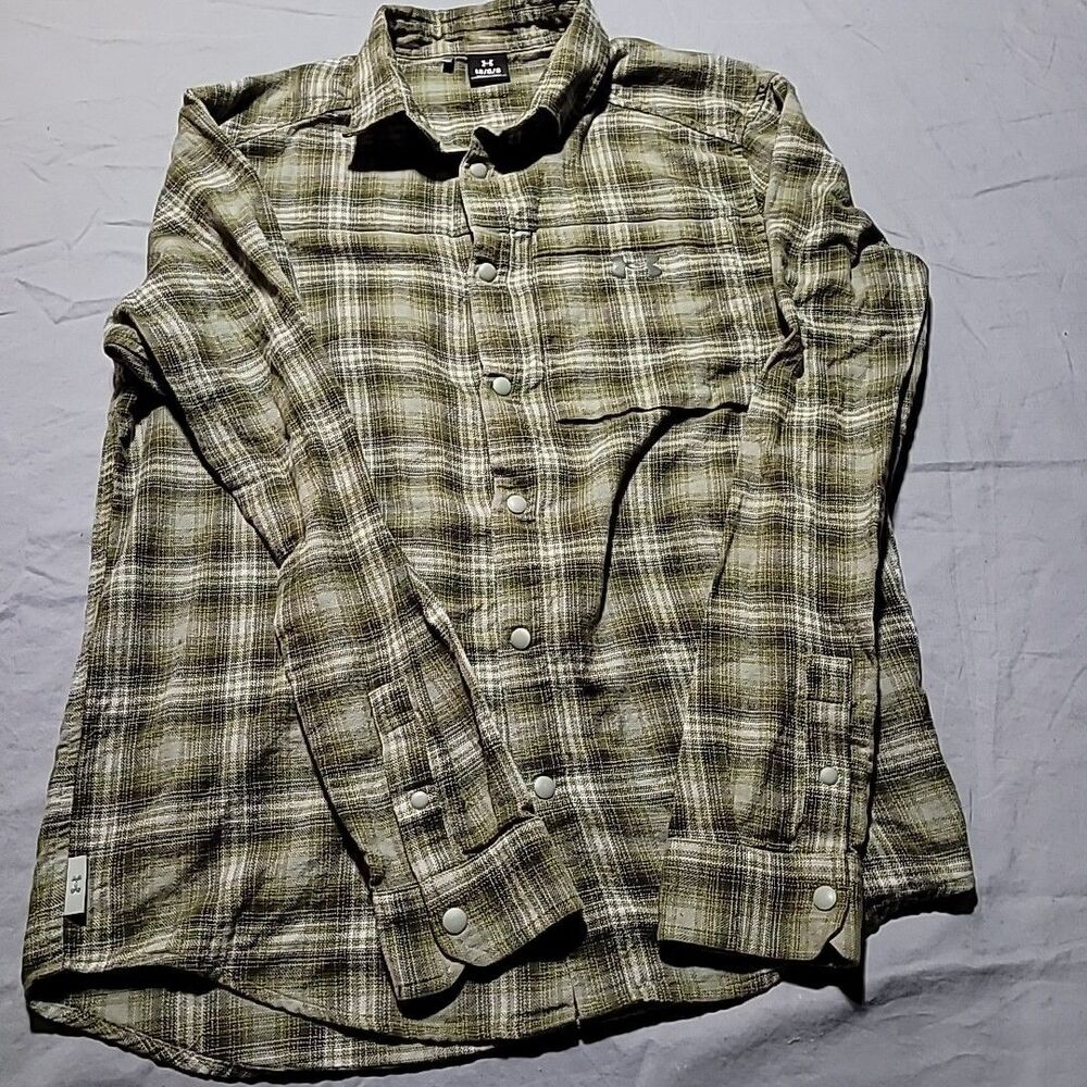 Under Armour Tradesman Flannel Plaid Snap Button Shirt Gray/Green Mens Large L